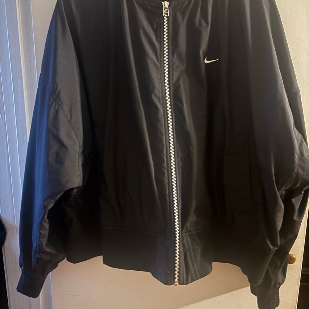 Nike Black Bomber Jacket with White Swoosh and Silver Zipper